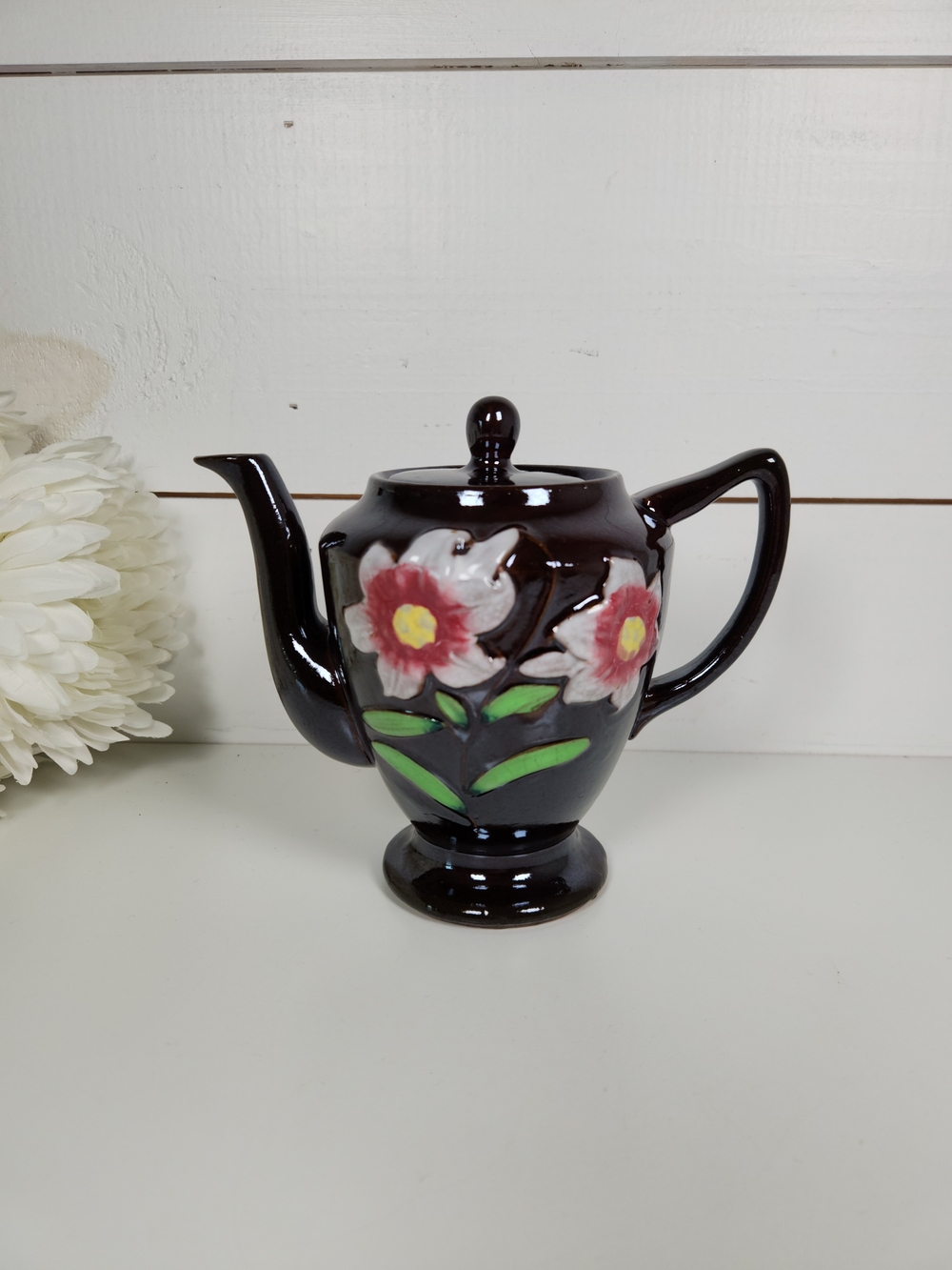 Vintage Brown Glazed Teapot with Hand Painted Embossed Flowers | MCM Tea Pot